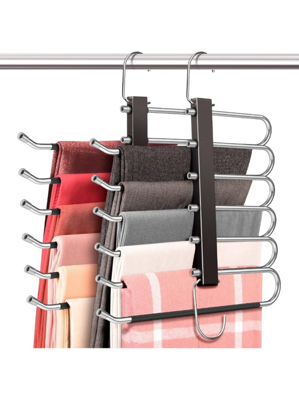 Space Saving 6-Tier Pant Hangers, Anti-Slip, Stainless Steel, 2-Pack, Black